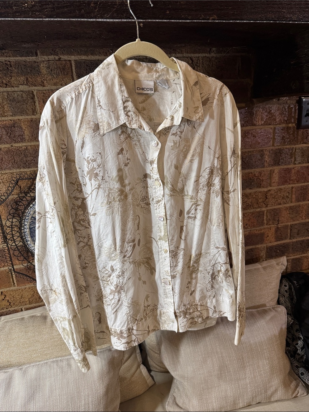 Chico's Cream Botanical-Print Button Down Shirt